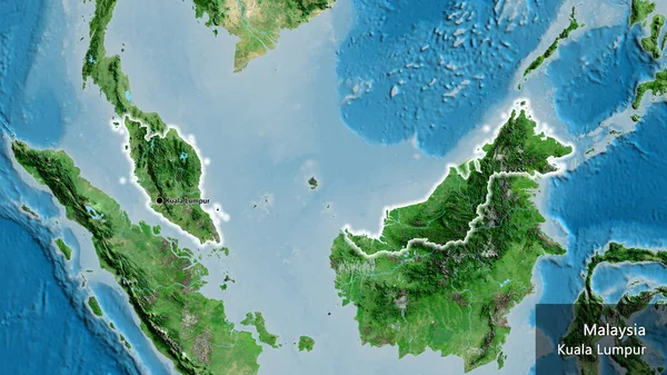 Primer Plano Zona Fronteriza Malasia Mapa Satelital Punto Capital Brillan —  Fotos de Stock