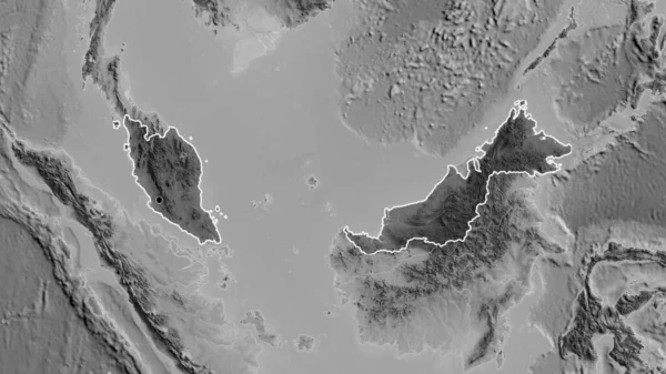 Zbliżenie Strefy Przygranicznej Malezji Ciemnym Pokryciem Mapie Skali Szarości Główny — Zdjęcie stockowe