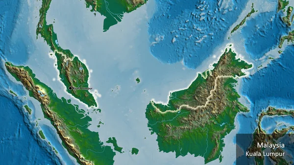 Zbliżenie Strefy Przygranicznej Malezji Fizycznej Mapie Główny Punkt Świeć Dookoła — Zdjęcie stockowe