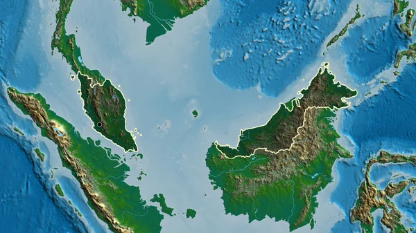 Zbliżenie Strefy Przygranicznej Malezji Ciemną Nakładką Fizyczną Mapę Główny Punkt — Zdjęcie stockowe