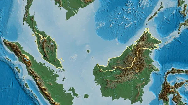 Nahaufnahme Des Malaysischen Grenzgebiets Auf Einer Reliefkarte Kapitalpunkt Umrisse Rund — Stockfoto