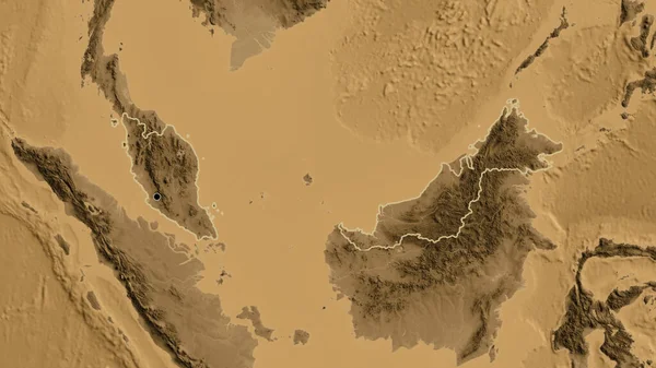 Närbild Malaysia Gränsområde Sepia Höjd Karta Huvudpunkt Skissera Runt Landet — Stockfoto