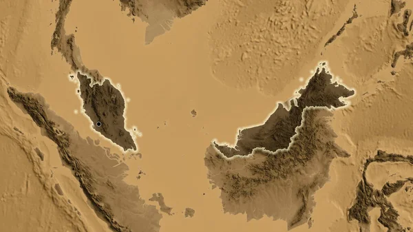 Крупный План Приграничной Зоны Малайзии Тёмным Наложением Карту Высоты Сепии — стоковое фото