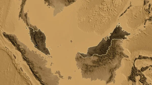 Крупный План Приграничной Зоны Малайзии Тёмным Наложением Карту Высоты Сепии — стоковое фото