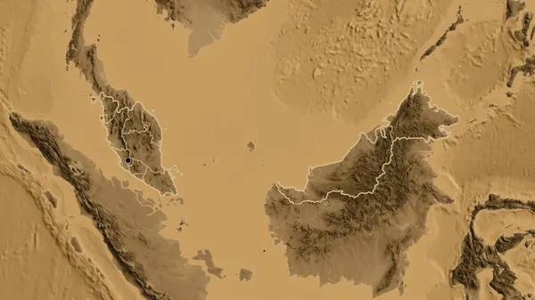 말레이시아 국경을 사이에 세피아 Sepia 지도에 것이다 나라의 모양을 둘러싸고 — 스톡 사진