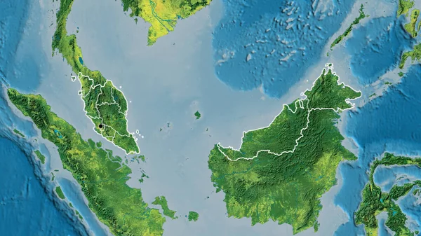 stock image Close-up of the Malaysia border area and its regional borders on a topographic map. Capital point. Outline around the country shape. 