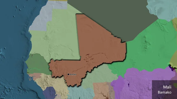 行政地図上のマリ国境地域の閉鎖 資本ポイント 国の形の縁が隠されています 英名国とその首都 — ストック写真