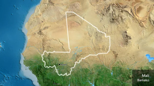 Close Van Het Grensgebied Van Mali Een Satellietkaart Hoofdpunt Gloeien — Stockfoto