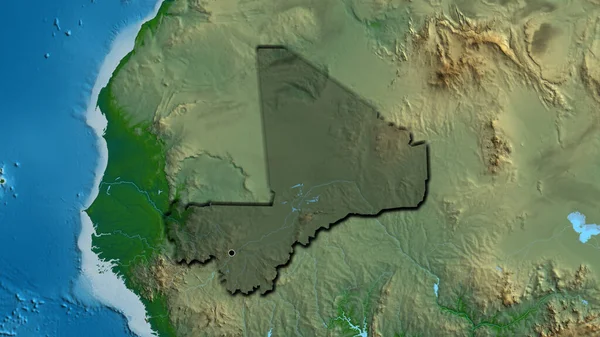 Крупный План Приграничной Зоны Мали Темным Наложением Физическую Карту Отличный — стоковое фото