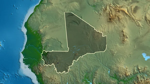 物理的な地図上の暗いオーバーレイで強調マリ国境地域のクローズアップ 資本ポイント 全国の概要 — ストック写真