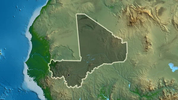 Zbliżenie Strefy Przygranicznej Mali Ciemną Powłoką Fizycznej Mapie Główny Punkt — Zdjęcie stockowe