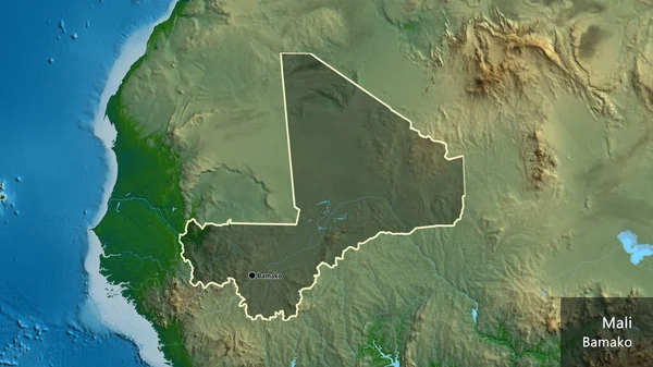 Närbild Gränsområdet Mali Med Ett Mörkt Överdrag Fysisk Karta Huvudpunkt — Stockfoto