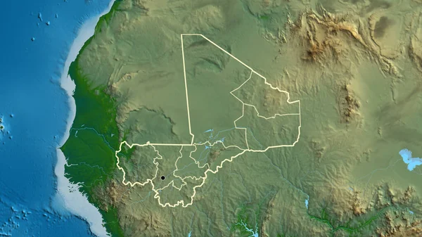 マリ国境地域とその地域の境界線の物理的な地図上のクローズアップ 資本ポイント 全国の概要 — ストック写真