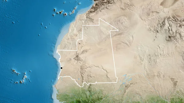 Moritanya sınır bölgesinin uydu haritasında yakın plan görüntüsü. Ana nokta. Ülke şekli etrafında özet geç. 