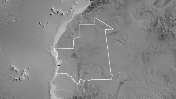 Gros Plan Frontière Mauritanienne Sur Une Carte Niveaux Gris Point — Photo
