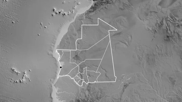 モーリタニア国境地域とその地域の境界線がグレースケールの地図上でクローズアップされている 資本ポイント 全国の概要 — ストック写真