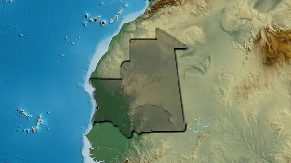 在毛里塔尼亚边境地区进行的近距离调查显示 在一张救济地图上出现了黑暗的阴影 资本点 国家形状的斜边 — 图库照片