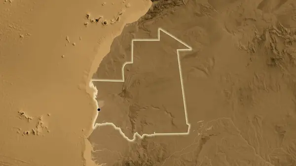 Close Área Fronteira Mauritânia Mapa Elevação Sépia Ponto Capital Brilho — Fotografia de Stock