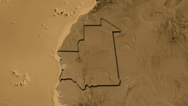 Close Área Fronteira Mauritânia Mapa Elevação Sépia Ponto Capital Bordas — Fotografia de Stock