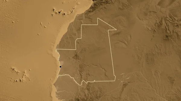Close Área Fronteira Mauritânia Mapa Elevação Sépia Ponto Capital Esboço — Fotografia de Stock