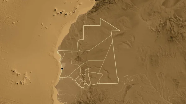 Close Área Fronteiriça Mauritânia Suas Fronteiras Regionais Mapa Elevação Sépia — Fotografia de Stock