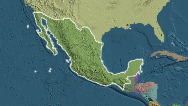 Close-up of the Mexico border area on a administrative map. Capital point. Glow around the country shape.