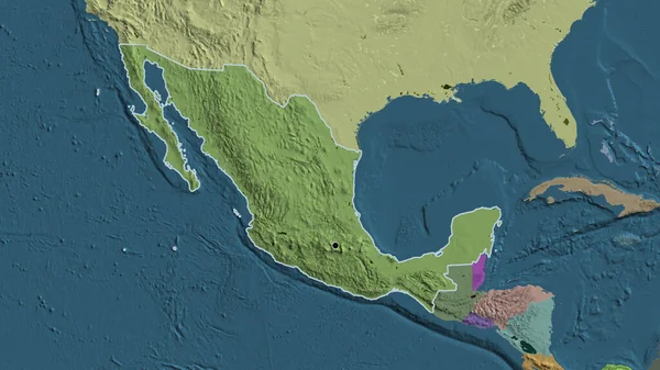 Close-up of the Mexico border area on a administrative map. Capital point. Outline around the country shape.