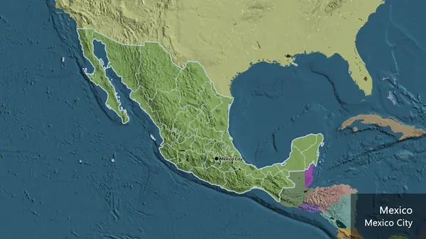 Close-up of the Mexico border area and its regional borders on a administrative map. Capital point. Outline around the country shape. English name of the country and its capital