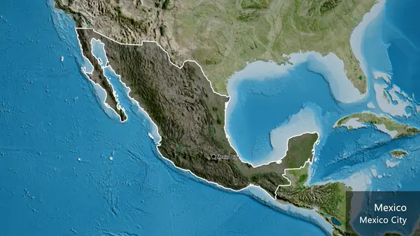 Close-up of the Mexico border area highlighting with a dark overlay on a satellite map. Capital point. Outline around the country shape. English name of the country and its capital