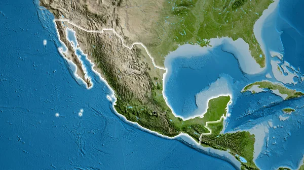 Close-up of the Mexico border area on a satellite map. Capital point. Glow around the country shape.