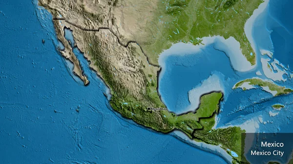 Close-up of the Mexico border area on a satellite map. Capital point. Bevelled edges of the country shape. English name of the country and its capital