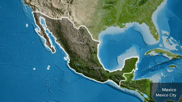 衛星地図上の暗いオーバーレイで強調されているメキシコ国境地域のクローズアップ 資本ポイント 国の形の周りに光る 英名国とその首都 — ストック写真