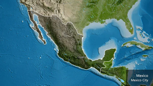 衛星地図上の暗いオーバーレイで強調されているメキシコ国境地域のクローズアップ 資本ポイント 国の形の周りの概要 英名国とその首都 — ストック写真