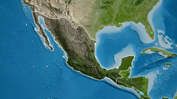Close-up of the Mexico border area highlighting with a dark overlay on a satellite map. Capital point. Outline around the country shape.