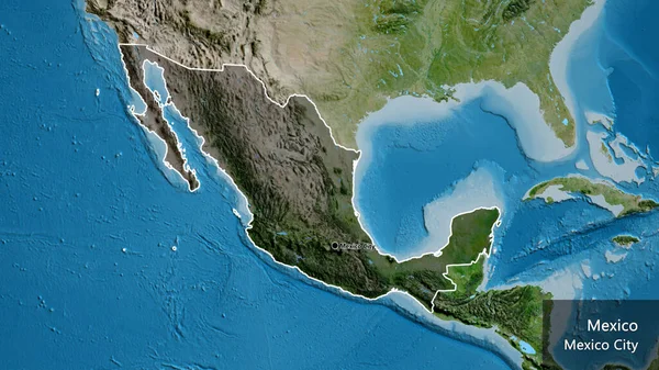 墨西哥边境地区的特写镜头 用卫星地图上的黑暗覆盖突出显示 资本点 概略地描述一下国家的面貌 国家及其首都的英文名称 — 图库照片