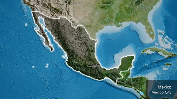 衛星地図上の暗いオーバーレイで強調されているメキシコ国境地域のクローズアップ 資本ポイント 国の形の周りに光る 英名国とその首都 — ストック写真