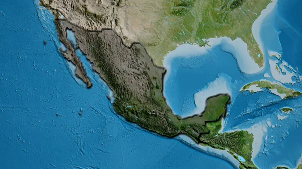 Close-up of the Mexico border area highlighting with a dark overlay on a satellite map. Capital point. Bevelled edges of the country shape.