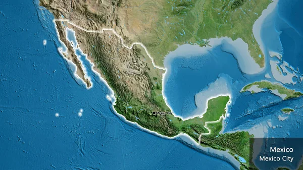 卫星地图上的墨西哥边境地区的特写 资本点 风靡全国各地 国家及其首都的英文名称 — 图库照片