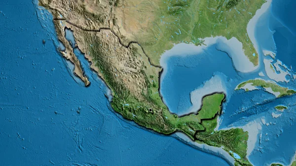 Close-up of the Mexico border area on a satellite map. Capital point. Bevelled edges of the country shape.