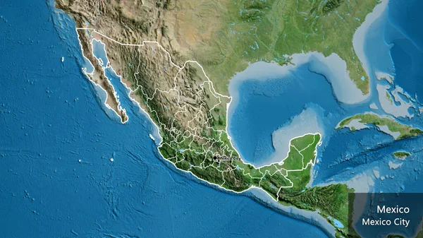 在卫星地图上对墨西哥边境地区及其区域边界进行了密切监视 资本点 概略地描述一下国家的面貌 国家及其首都的英文名称 — 图库照片