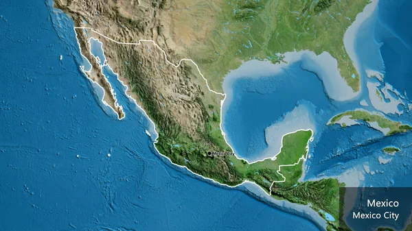 卫星地图上的墨西哥边境地区的特写 资本点 概略地描述一下国家的面貌 国家及其首都的英文名称 — 图库照片