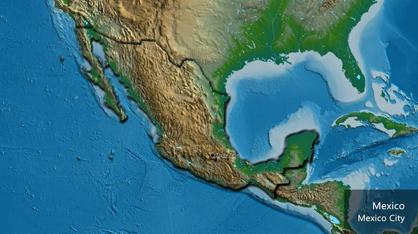 Close-up of the Mexico border area on a physical map. Capital point. Bevelled edges of the country shape. English name of the country and its capital