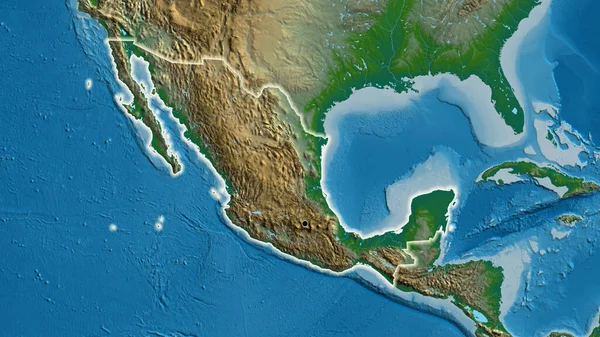 Close-up of the Mexico border area on a physical map. Capital point. Glow around the country shape.