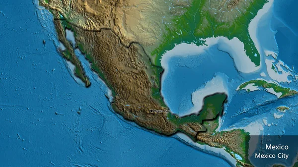 Close-up of the Mexico border area highlighting with a dark overlay on a physical map. Capital point. Bevelled edges of the country shape. English name of the country and its capital