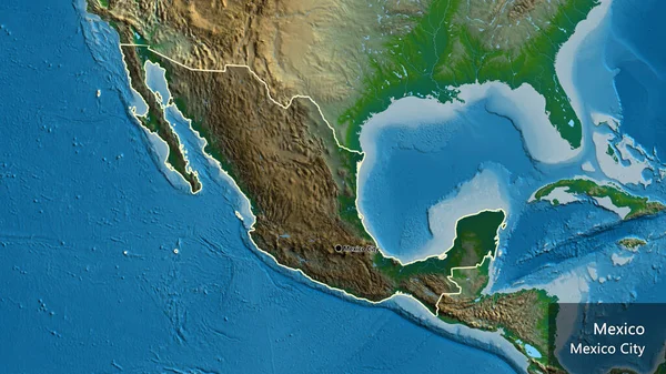 物理的な地図上の暗いオーバーレイで強調されているメキシコ国境地域のクローズアップ 資本ポイント 国の形の周りの概要 英名国とその首都 — ストック写真