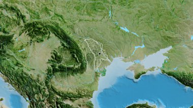 Moldova sınır bölgesinin ve bölgesel sınırlarının uydu haritasında yakın çekimleri. Ana nokta. Ülke şekli etrafında özet geç. 