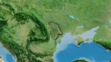 Moldova sınır bölgesinin uydu haritasına yakın çekim. Ana nokta. Ülkenin kıvrımlı kenarları. 