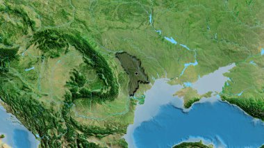 Moldova sınır bölgesinin uydu haritası üzerinde koyu bir örtüyle ışıklandırılması. Ana nokta. Ülkenin kıvrımlı kenarları. 