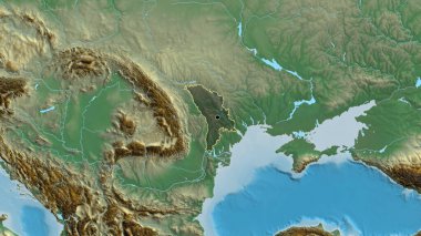 Moldova sınır bölgesinin yakın çekimleri bir yardım haritasında koyu bir örtüyle vurgulanıyor. Ana nokta. Ülke şekli etrafında özet geç. 