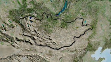 Moğolistan sınırına bir uydu haritasında yakın plan. Ana nokta. Ülkenin kıvrımlı kenarları. 